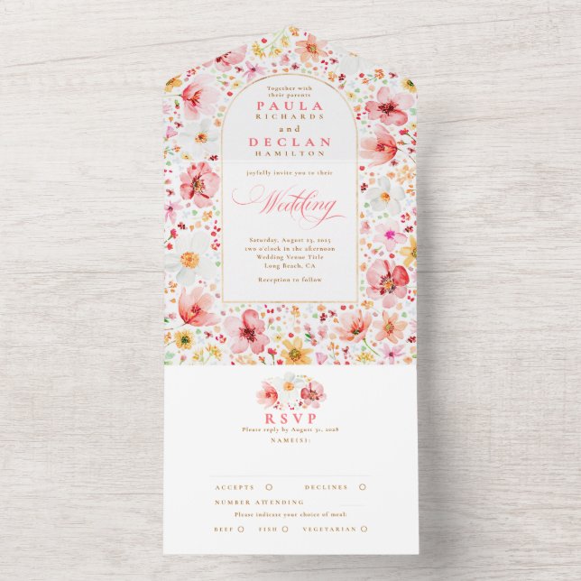 Wildblumenwiese Garten Blumenbogen Hochzeit All In One Einladung (Innen)