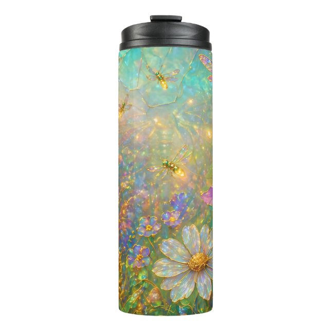 Wildblumenwiese mit leuchtenden Libellen Thermosbecher (Vorderseite)