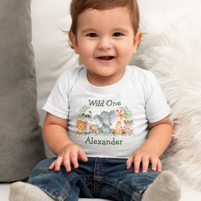 Wilde 1. Geburtstag Wasserfarben Safari Tiere Baby T-shirt (Customize to change text color. Many sizes to choose from.)