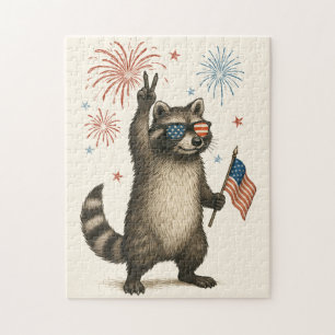 Wilde, aber freie Feuerwerke Wilde Raccoon 4. Juli Puzzle