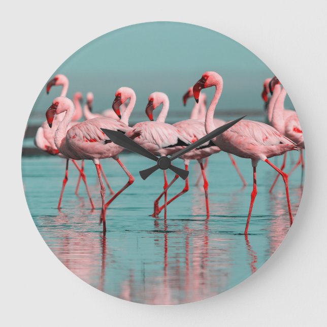 Wilde afrikanische Flamingos Große Wanduhr (Vorderseite)