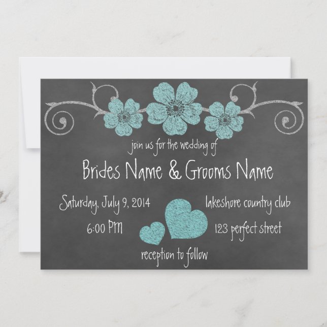 Wilde Aquamarine Rose Chalkboard Hochzeit Einladun Einladung (Vorderseite)