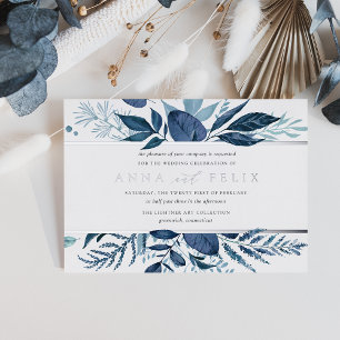 Wilde Azure Blaue botanische Hochzeit Folieneinladung