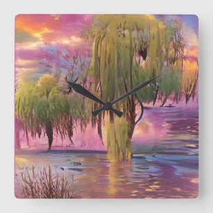 Wilde Bäume bei rosa Sonnenuntergang am Teich Quadratische Wanduhr