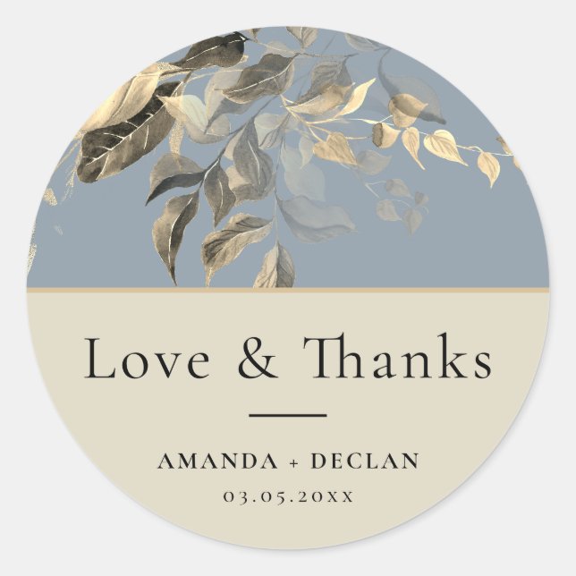 Wilde Blätter Dusty Blue Floral Wedding Runder Aufkleber (Vorderseite)