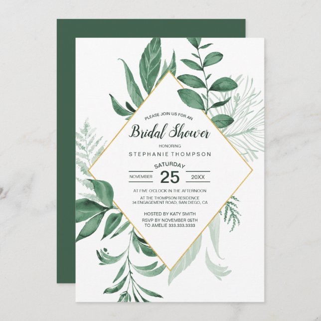 Wilde Blätter Wasserfarbe Hunter Green Bridal Show Einladung (Vorne/Hinten)