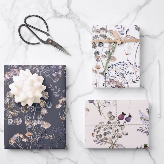 Wilde Blume 3 Packpapierblätter Geschenkpapier Set (Vorderseite)