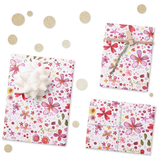 Wilde Blume Aquarell Blütenfarben Rosa und Weiß Geschenkpapier Set (Watercolor modern floral gift wrap paper sheets)
