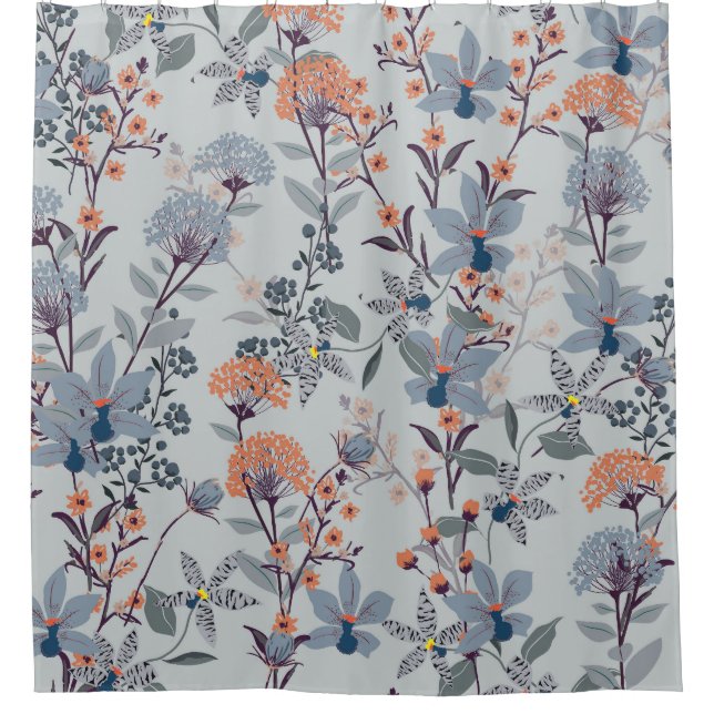 Wilde Blume auf blau, botanisch. Duschvorhang (Vorderseite)