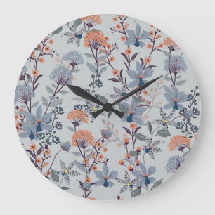 Wilde Blume auf blau, botanisch. Große Wanduhr