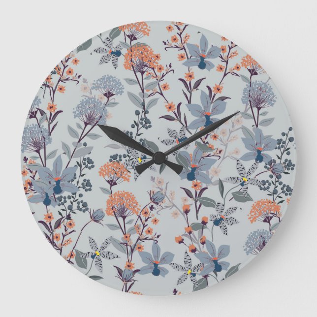 Wilde Blume auf blau, botanisch. Große Wanduhr (Vorderseite)