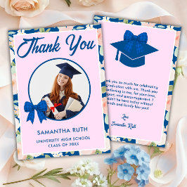 Wilde Blume Blau Gingham-Schleife Foto Abschlussfe Dankeskarte