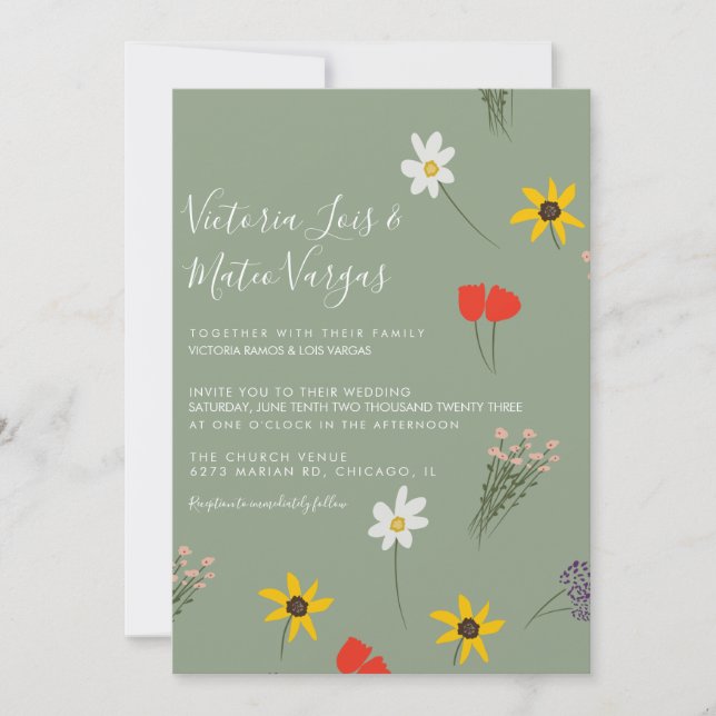 Wilde Blume Blumengrün Hochzeitssage Grün Einladung (Vorderseite)