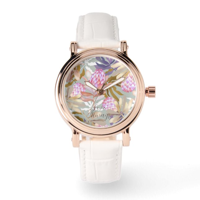 Wilde Blume Botanischer Protea Armbanduhr (Vorderseite)
