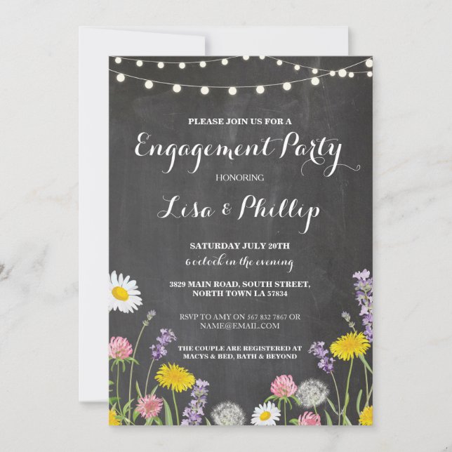 Wilde Blume Engagement Party Chalk Dusche einladen Einladung (Vorderseite)