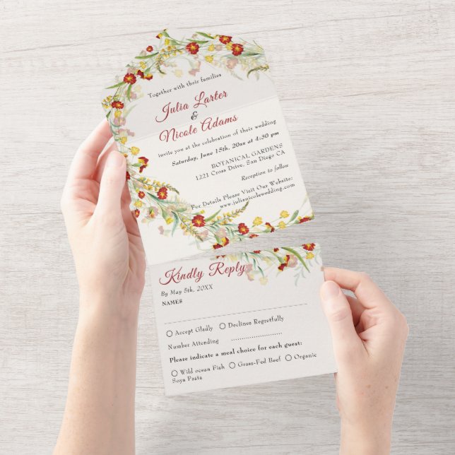 Wilde Blume Gelbe Marigold Foliage Hochzeit All In One Einladung (Abreißen)