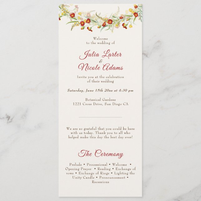 Wilde Blume Gelbe Marigold Foliage Hochzeit Programm (Vorderseite)