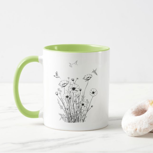 Wilde Blume in Schwarz-Weiß-Kaffee-Tasse Tasse (Mit Donut)