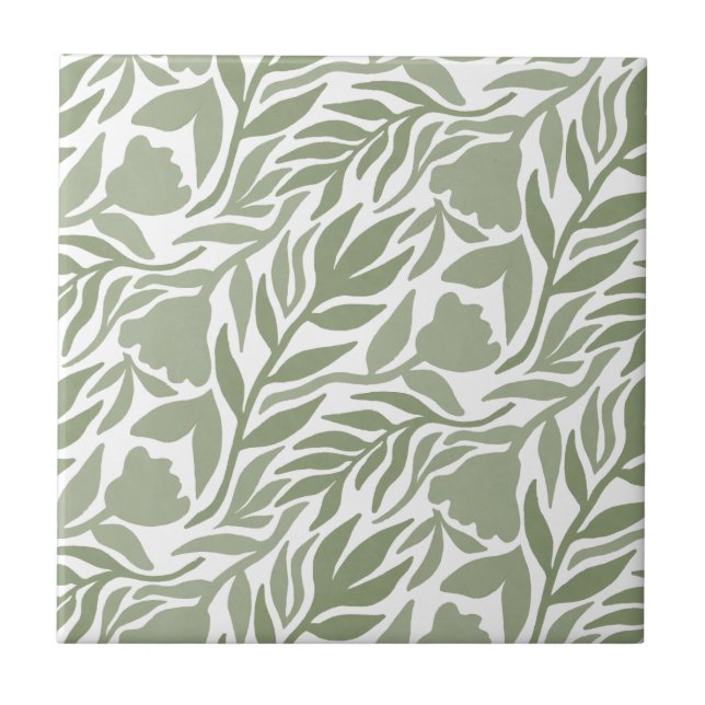 Wilde Blume Kaskade White & Moss Green Fliese (Vorderseite)