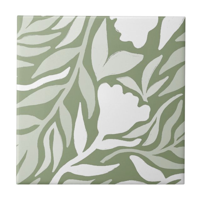 Wilde Blume Kaskade White & Moss Green HD Fliese (Vorderseite)