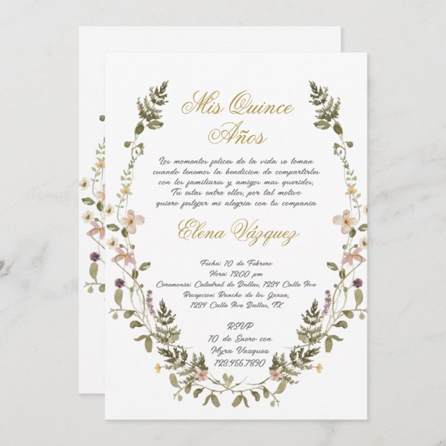 Wilde Blume Kranz Quinceañera Einladung (Vorne/Hinten)