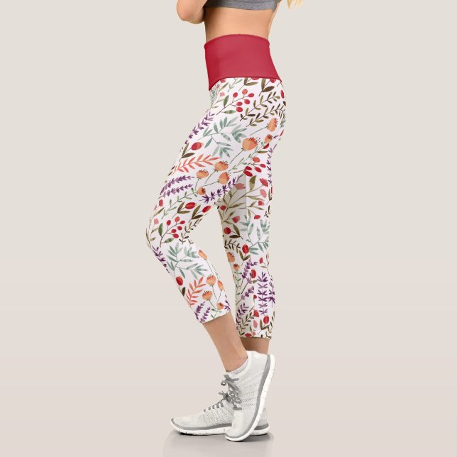 Wilde Blume Lila gelb auf weißem Capri Legg Leggings (Links)
