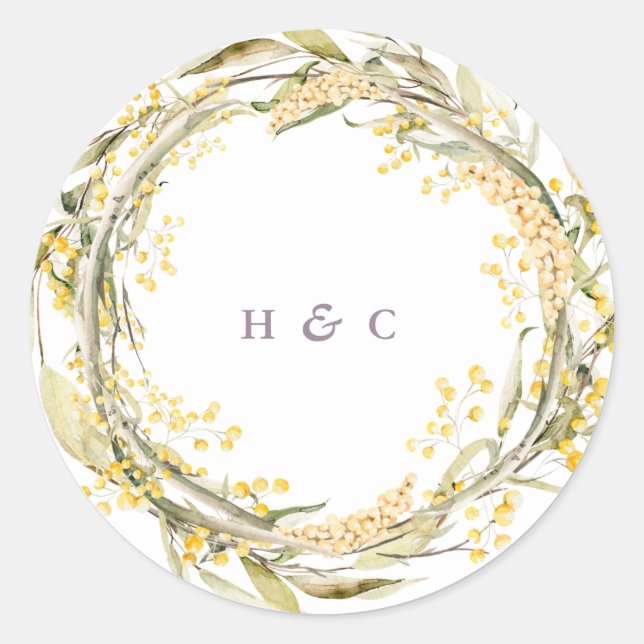 Wilde Blume Pampas-Gelbe Monogramm-Hochzeit Runder Aufkleber (Vorderseite)