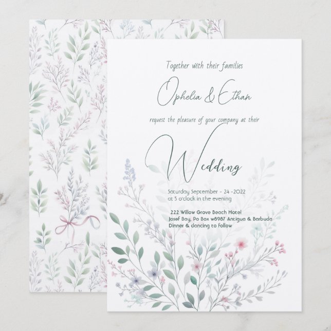 Wilde Blume Pastel Moderne Typografie Hochzeit Einladung (Vorne/Hinten)