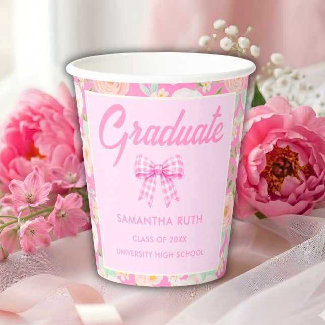 Wilde Blume Rosa Gingham-Schleife Abschlussfeier Pappbecher (Von Creator hochgeladen)