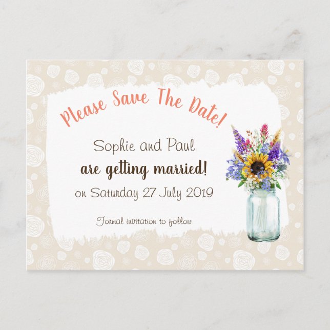 Wilde Blume Save the Date Postkarte (Vorderseite)