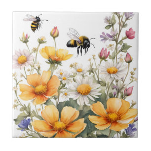 Wilde Blume und Honigbienen Wasserfarbe Fliese