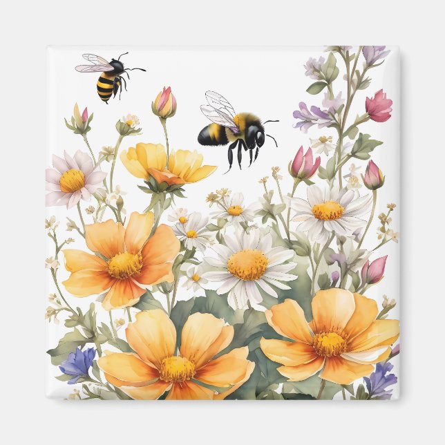 Wilde Blume und Honigbienen Wasserfarbe Magnet (Vorne)