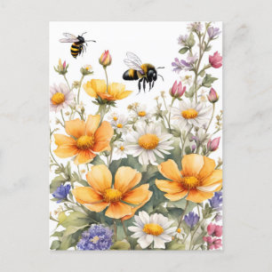 Wilde Blume und Honigbienen Wasserfarbe Postkarte