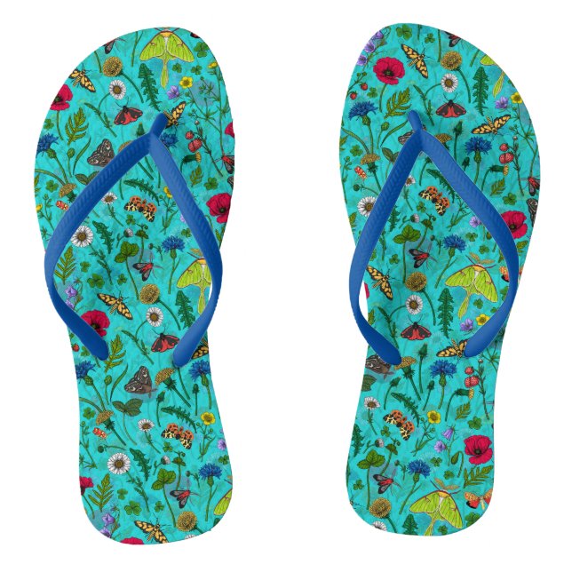 Wilde Blume und Motten auf aquamarin Flip Flops (Fußbett)