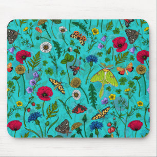 Wilde Blume und Motten auf aquamarin Mousepad