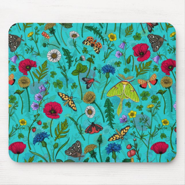 Wilde Blume und Motten auf aquamarin Mousepad (Vorne)