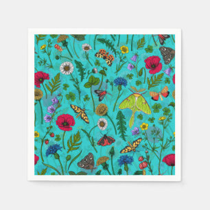 Wilde Blume und Motten auf aquamarin Serviette