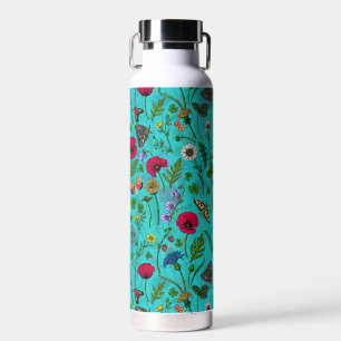 Wilde Blume und Motten auf aquamarin Trinkflasche