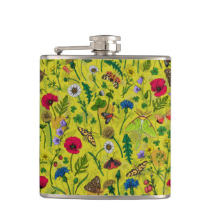 Wilde Blume und Motten auf Grün Flachmann