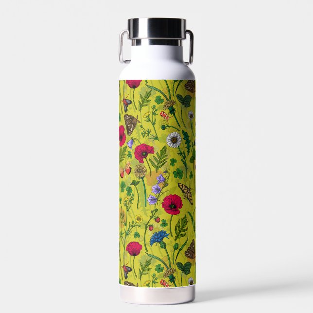 Wilde Blume und Motten auf Grün Trinkflasche (Vorne)