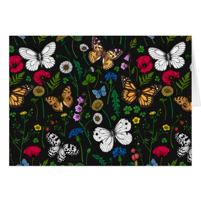 Wilde Blume und Schmetterlinge auf schwarz (Vorderseite (Horizontal))