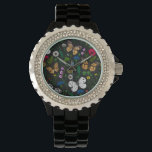 Wilde Blume und Schmetterlinge auf schwarz Armbanduhr<br><div class="desc">Handgemalte Sammlung von verschiedenen Schmetterlingen und wilden Blume.</div>