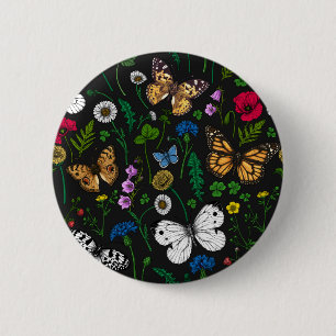 Wilde Blume und Schmetterlinge auf schwarz Button