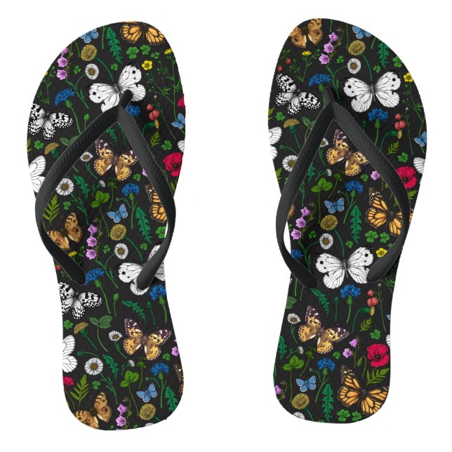 Wilde Blume und Schmetterlinge auf schwarz Flip Flops (Fußbett)