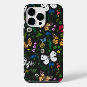 Wilde Blume und Schmetterlinge auf schwarz iPhone 14 Pro Max Hülle
