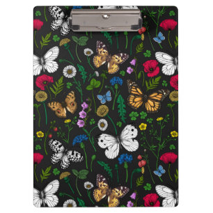 Wilde Blume und Schmetterlinge auf schwarz Klemmbrett