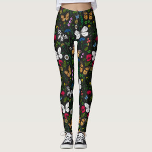 Wilde Blume und Schmetterlinge auf schwarz Leggings