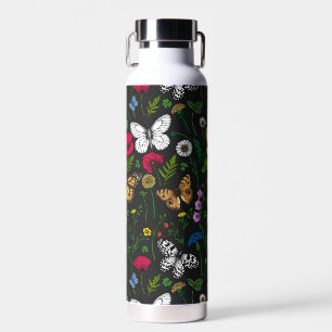 Wilde Blume und Schmetterlinge auf schwarz Trinkflasche