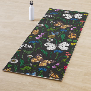 Wilde Blume und Schmetterlinge auf schwarz Yogamatte