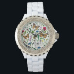 Wilde Blume und Schmetterlinge auf Weiß Armbanduhr<br><div class="desc">Handgemalte Sammlung von verschiedenen Schmetterlingen und wilden Blume.</div>